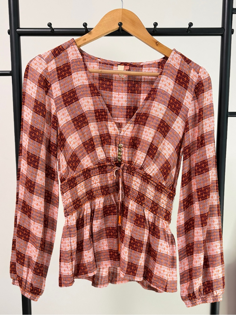 Pilcro and the Letterpress by Anthropologie — Plaid Embroidered Peplum Blouse XS